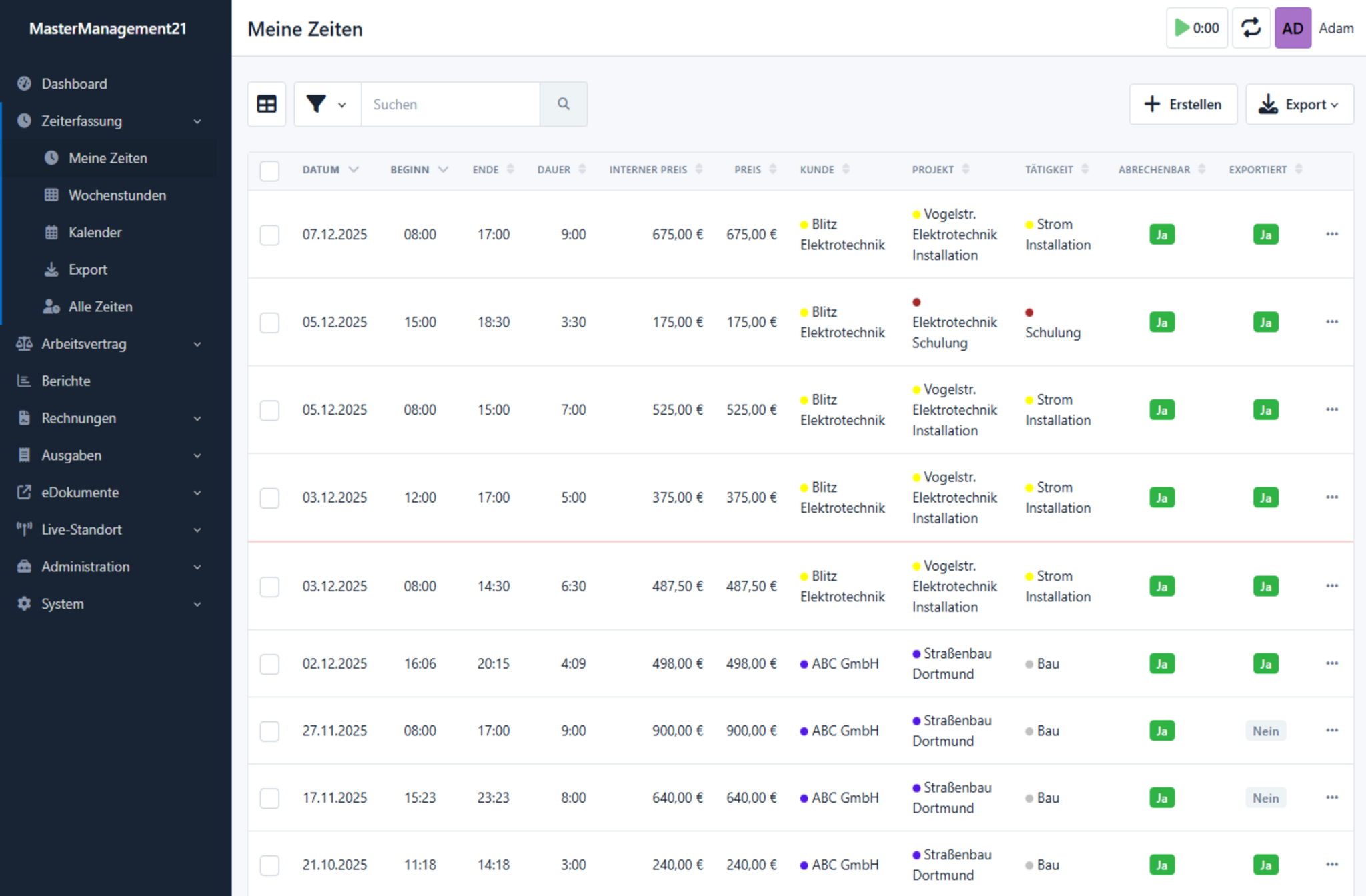 MM21 Zeiterfassung Screenshot